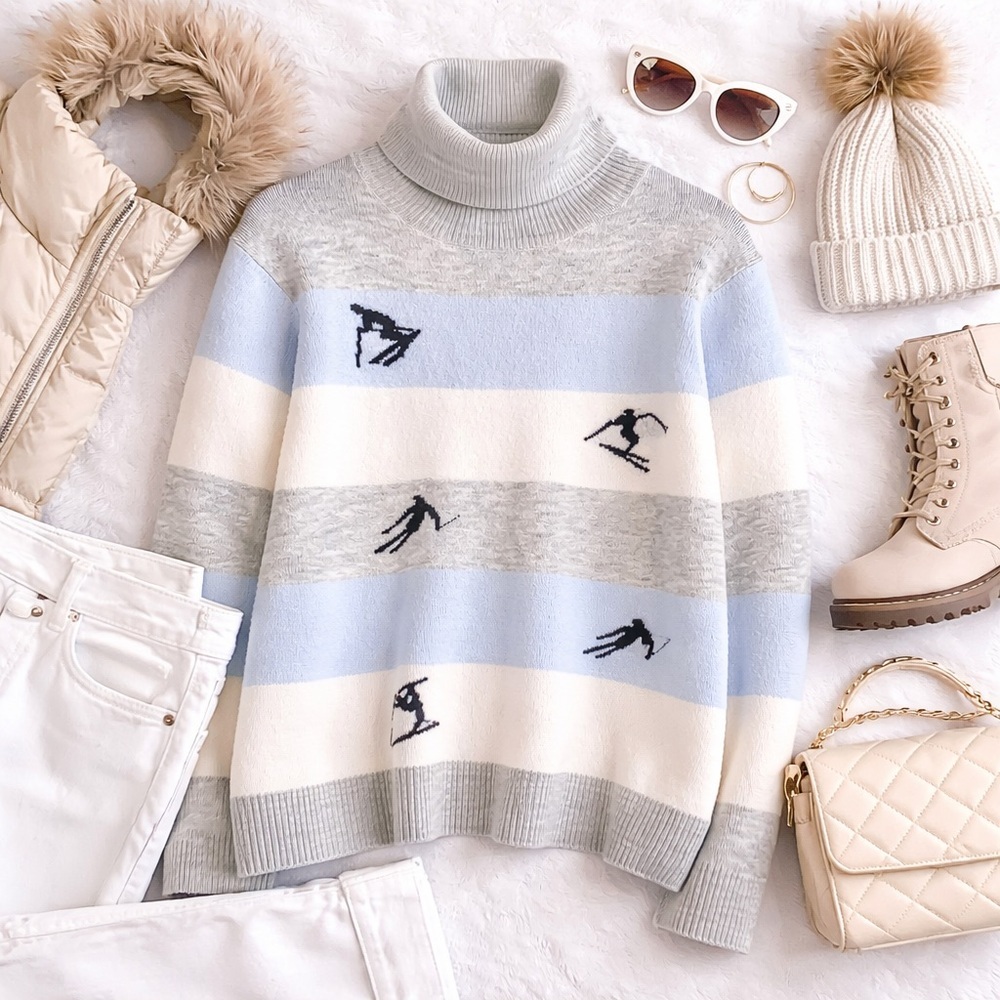 Coastal Ski Lodgecore Après Ski Turtleneck Ski Sweater Blue Gray CeCe L A85